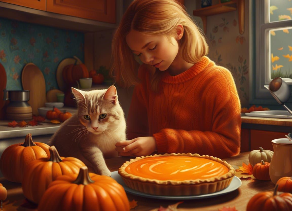 Girl Making Pumpkin Pie with Cat, Hyperrealistic Art