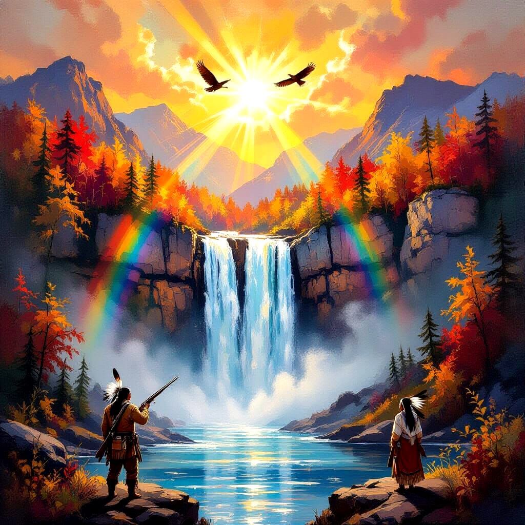 Impressionistic Waterfall Painting with Vibrant Forest and S...