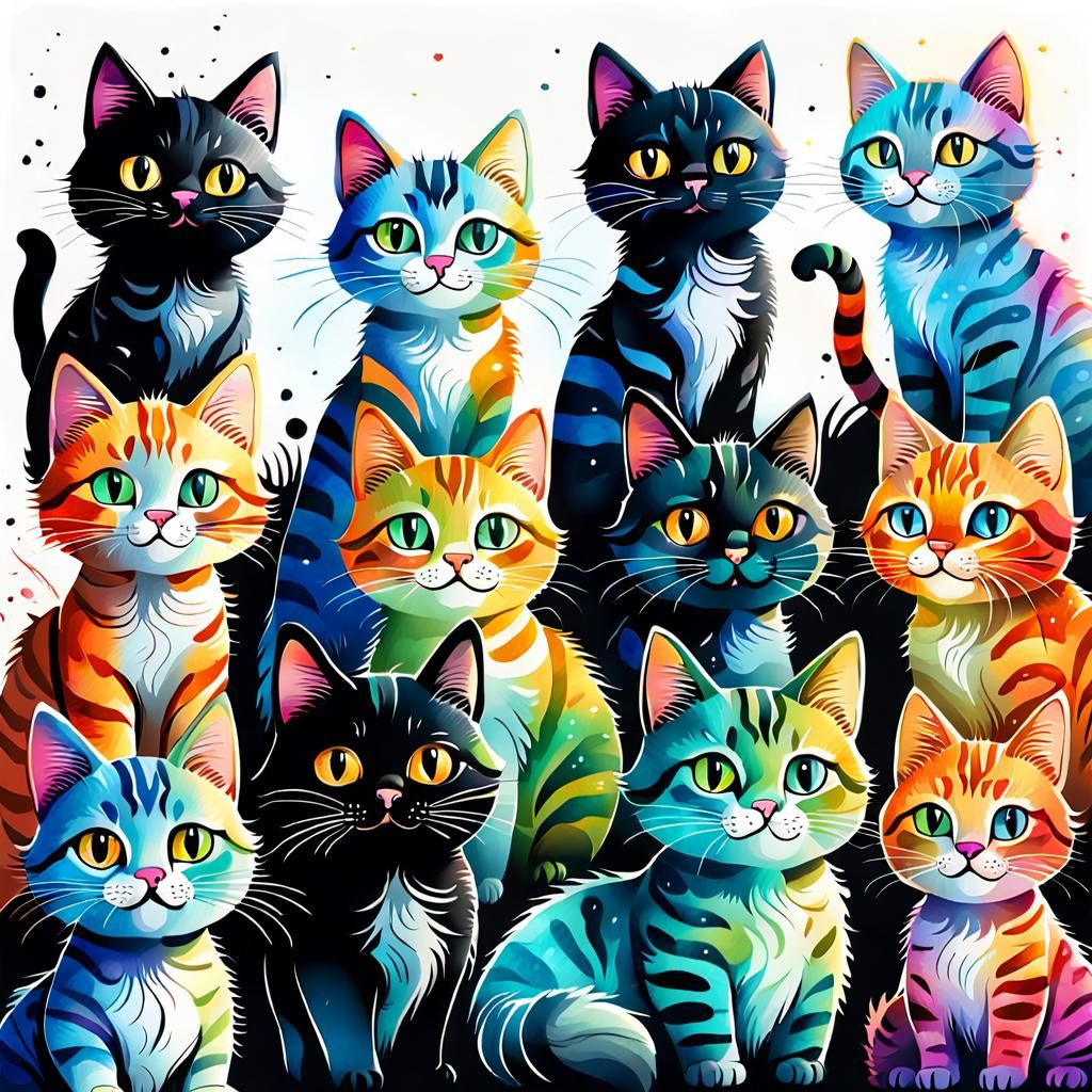 Playful Watercolor Cat Clipart Character Lineup