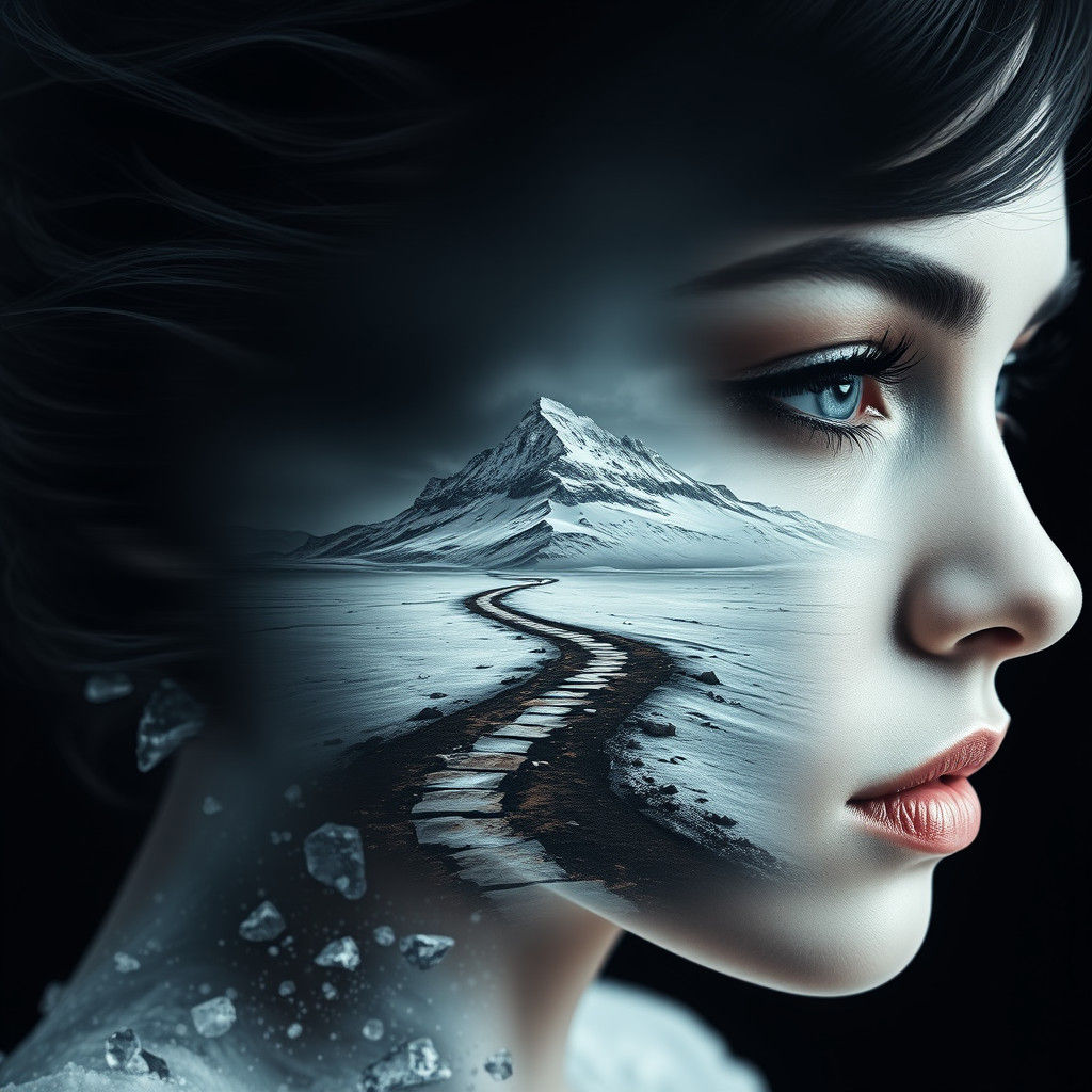 Gothic Double Exposure: Woman and Snowy Mountain Path