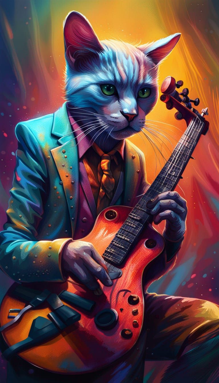 Hyperrealistic Feline Musician Splash Art
