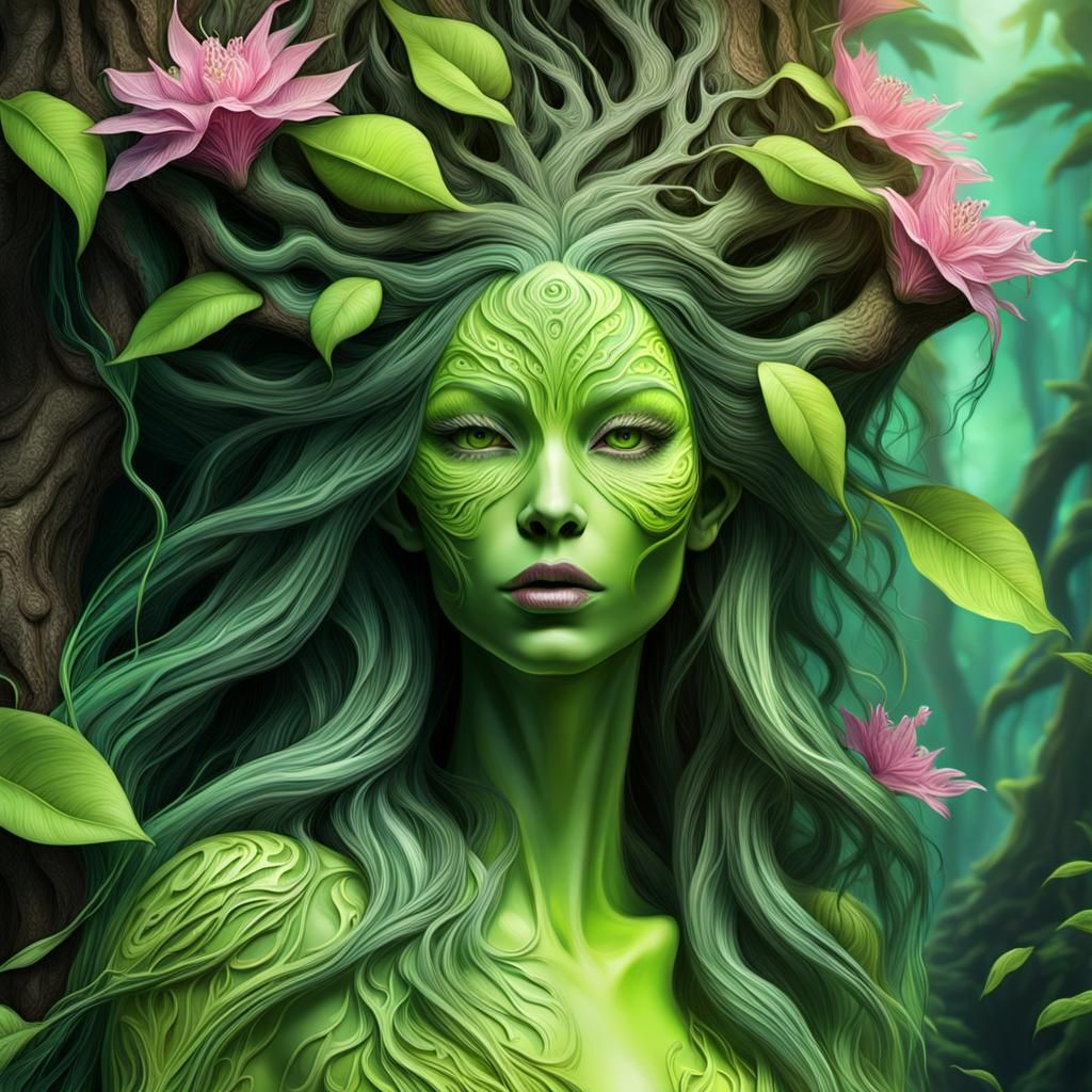 Tree Spirit Emerges from Rainforest: Surreal Digital Art