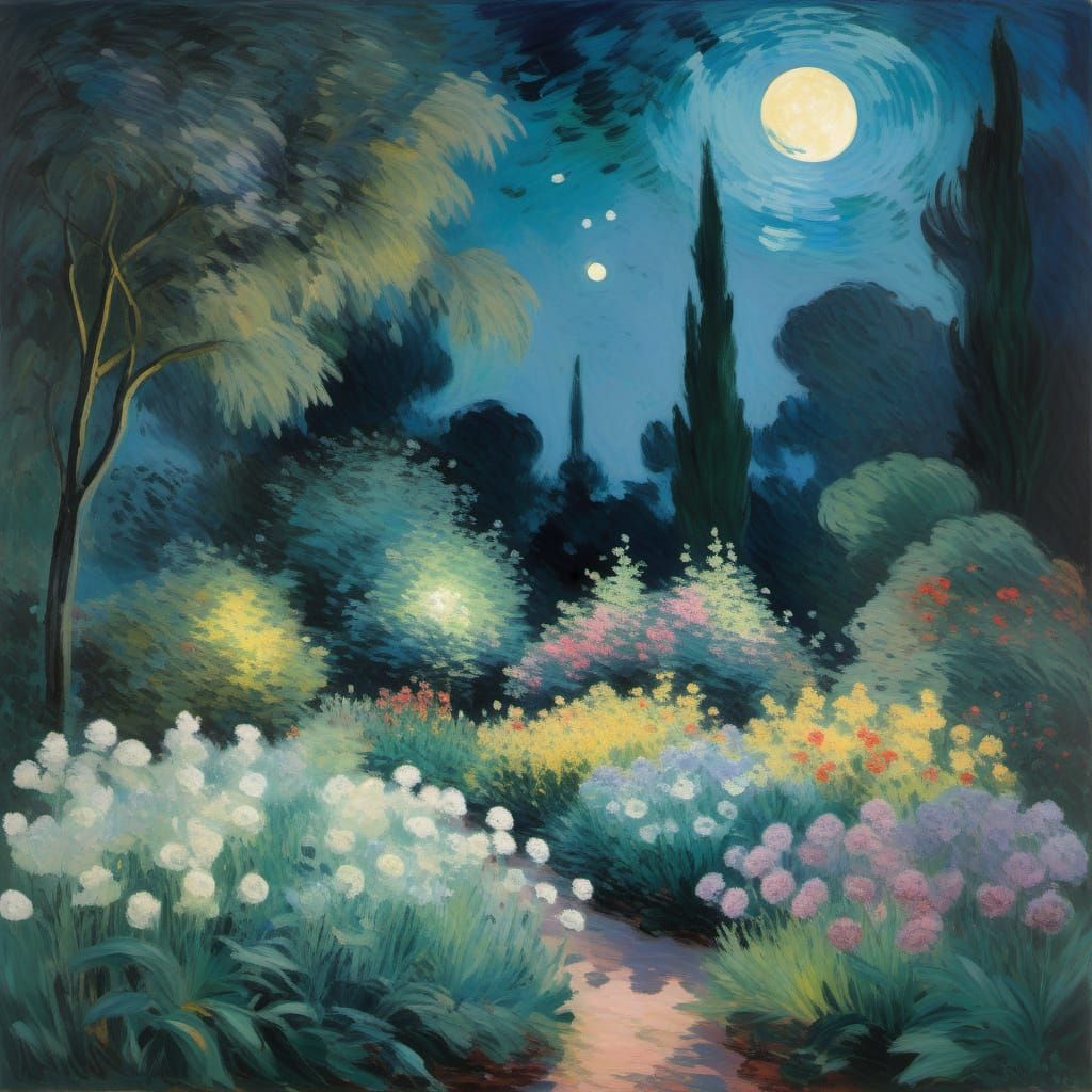 Moonlit Garden in Impressionist Style