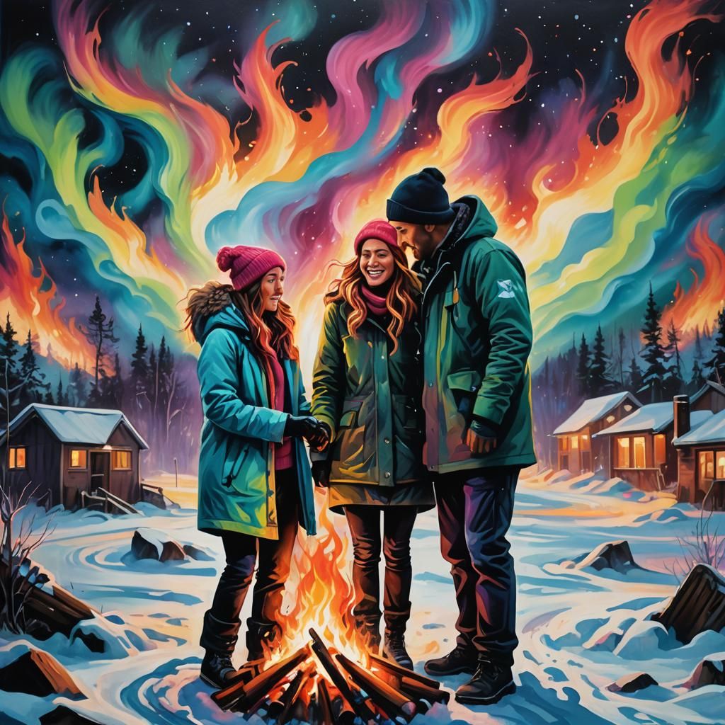 Northern Lights, man and woman huddled around a fire graffiti art, splash art, street art, spray paint, oil gouache melt...