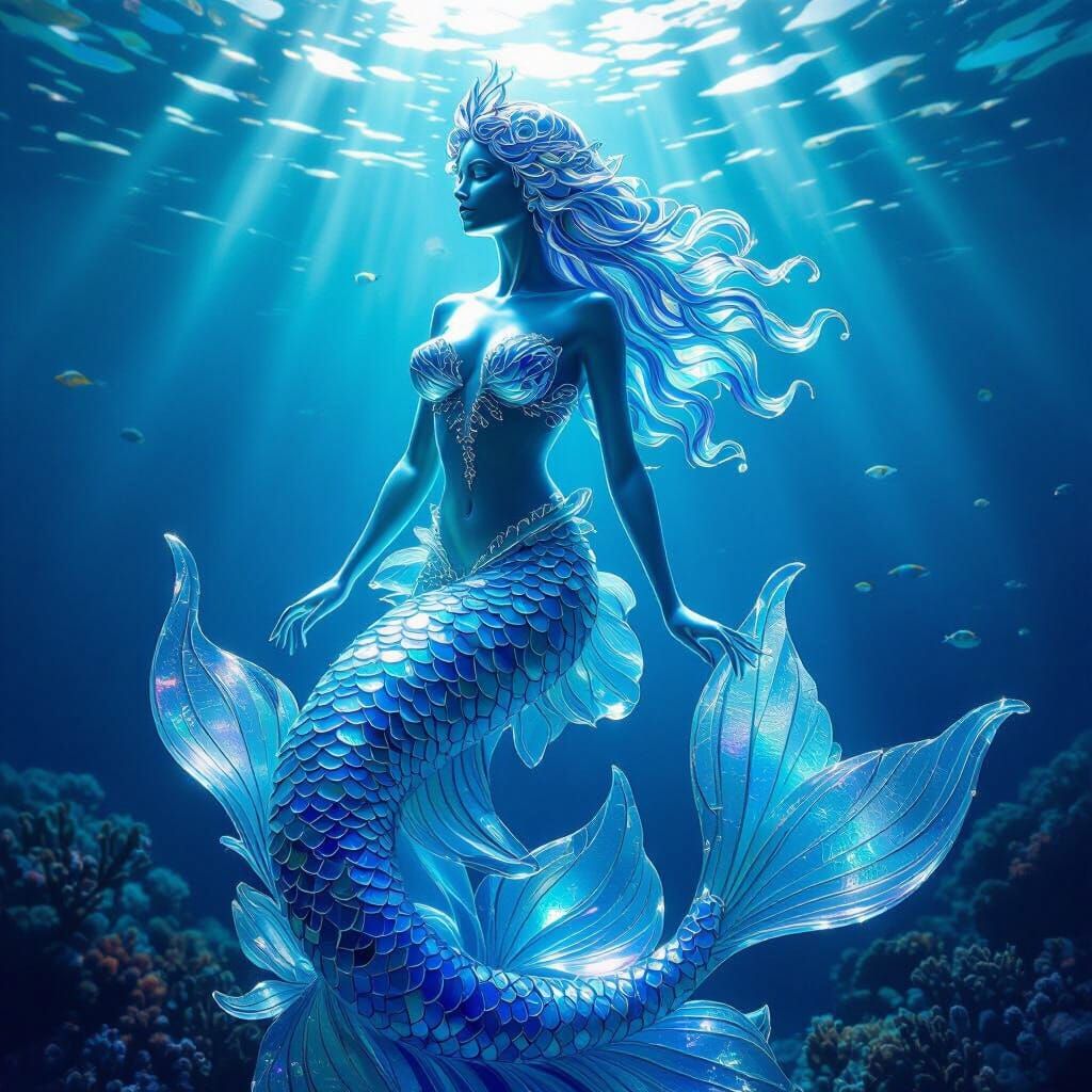 Iridescent Sea Glass Mermaid Sculpture in Deep Blue Ocean
