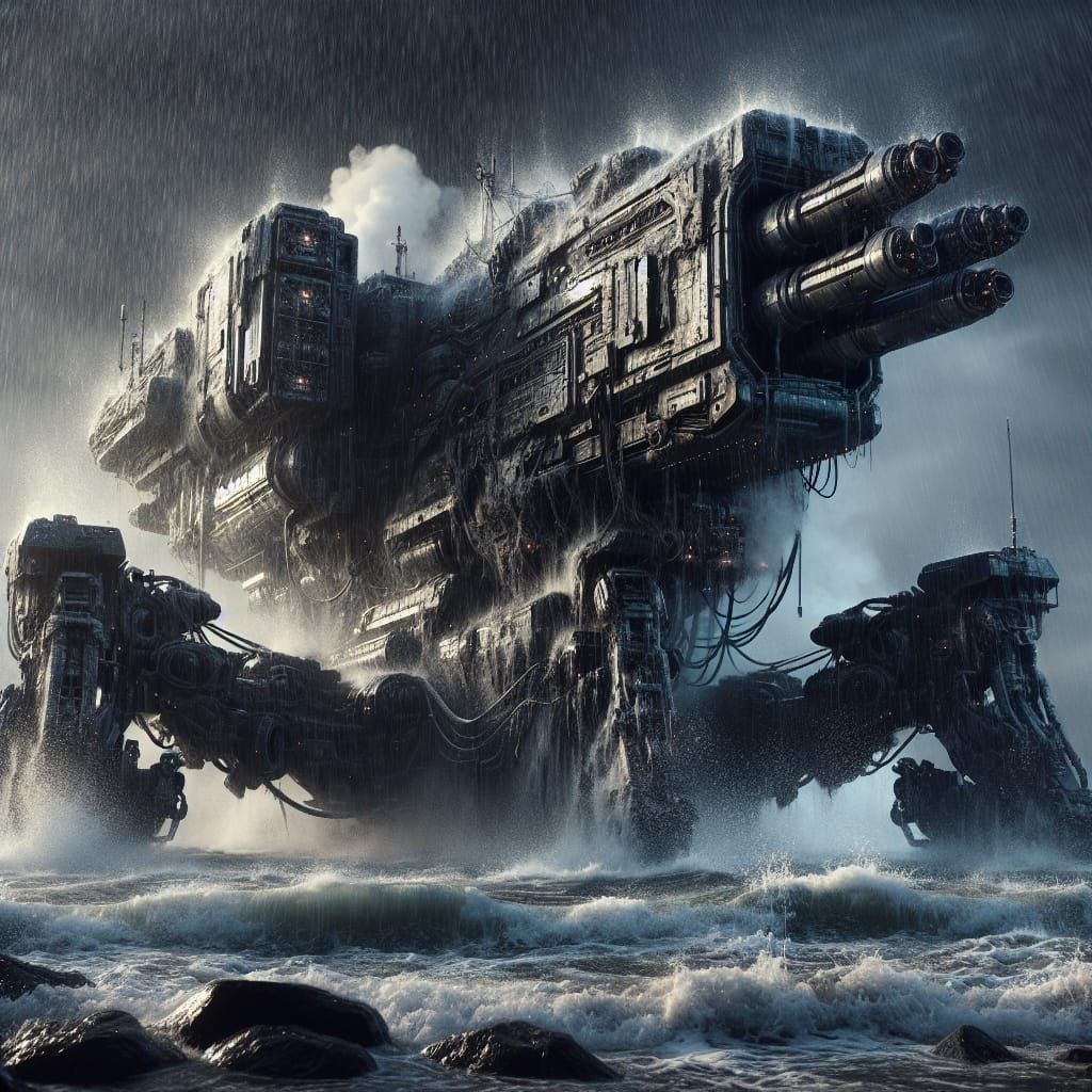 Gritty Robotic Leviathan Emerges from the Stormy Sea in Hype...