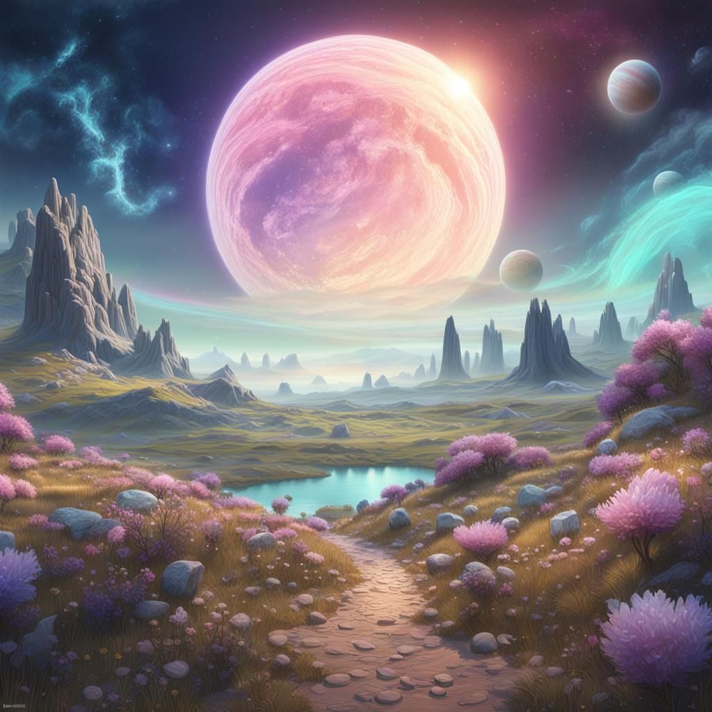 Faerie Oniric Landscape with Moons and Rings
