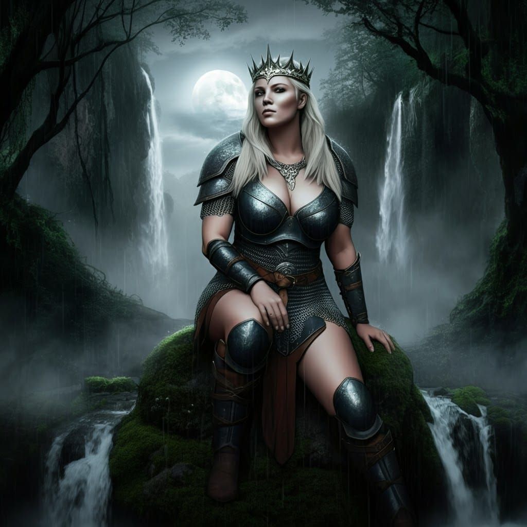 Cyberpunk Warrior Queen in Mystical Landscape