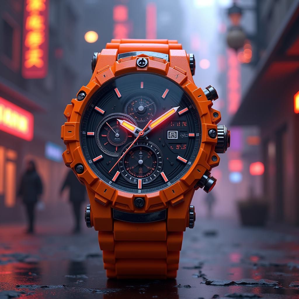 Orange Smartwatch in a Futuristic Cityscape