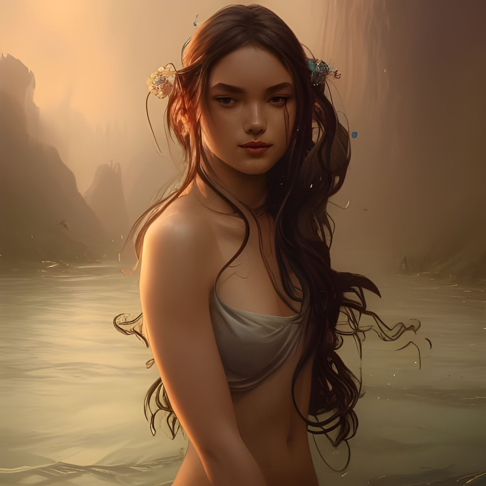 Young Water Goddess Portrait in Hyperdetailed Style