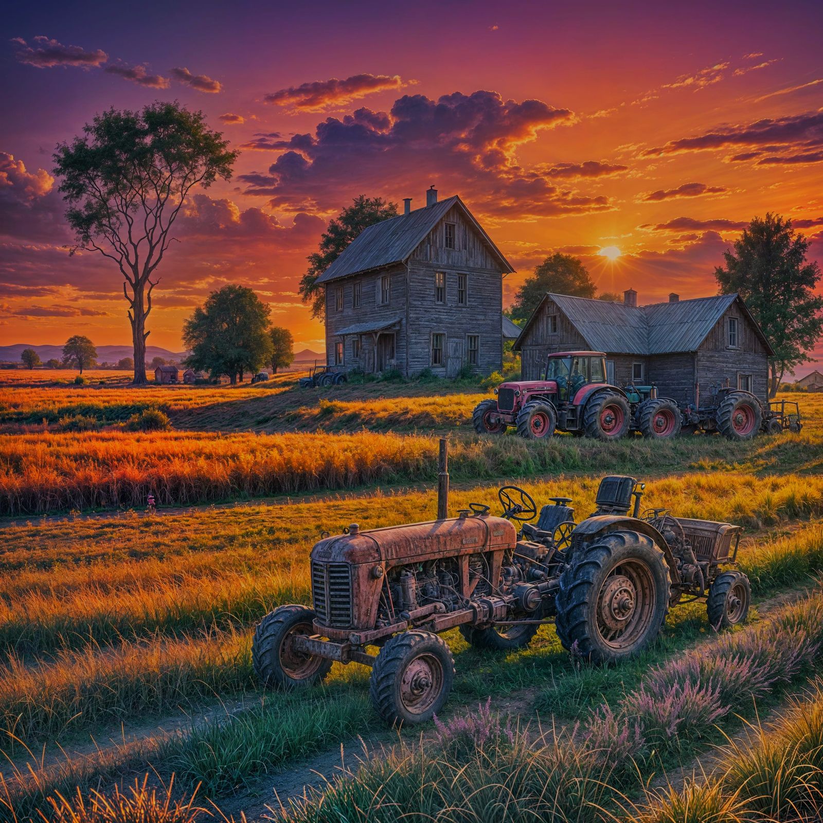 Farmhouse and Tractor at Sunset in Synthwave Style