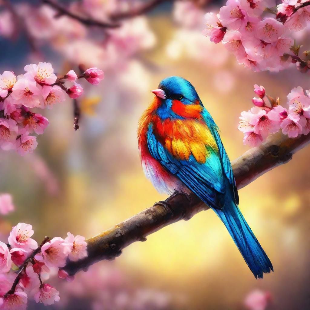 Colorful Bird on Cherry Branch, Neo-Impressionism