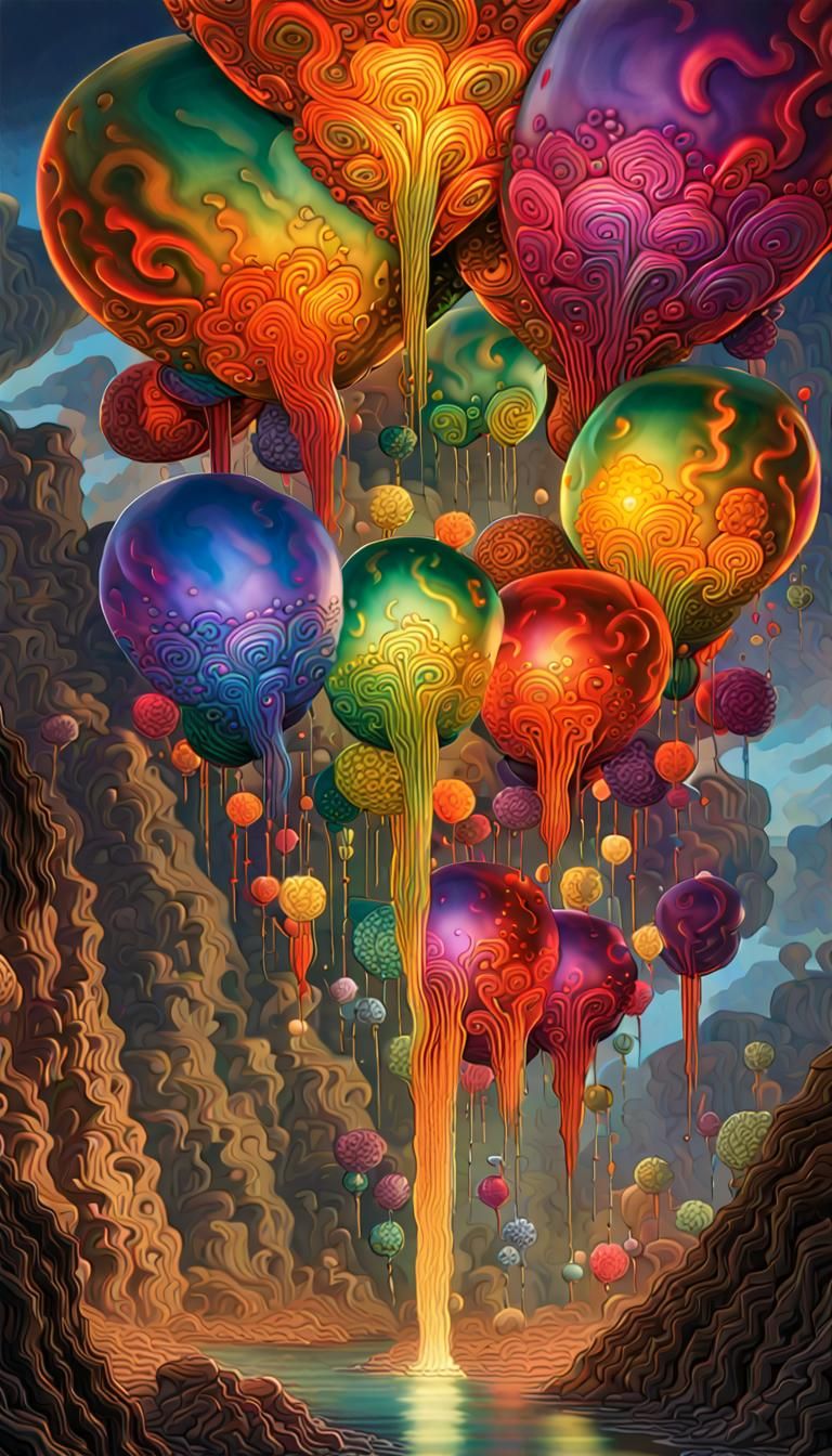 Rainbow Fractal Garden with Stone Sculptures