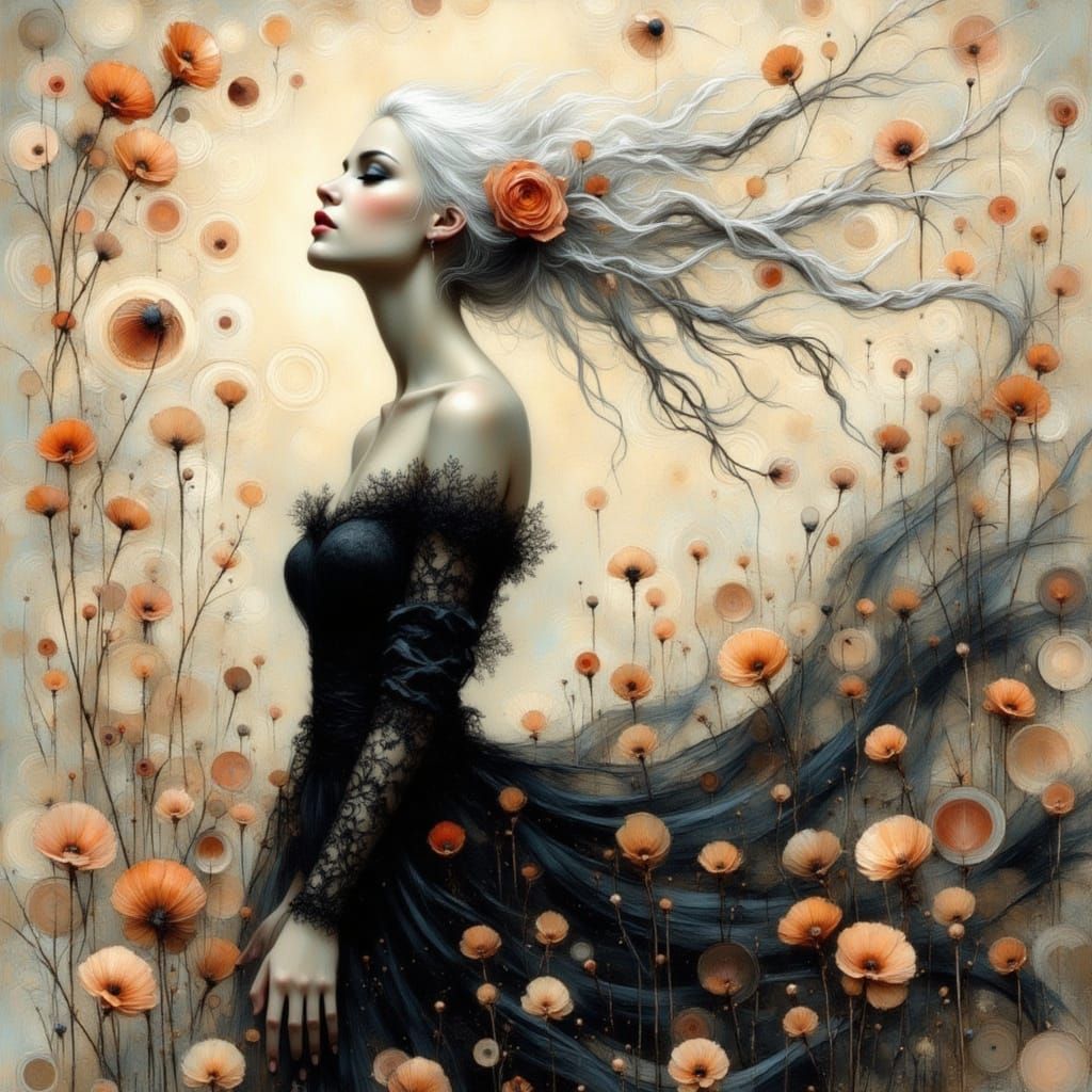 Dancing Woman with Flowers in Surreal Style