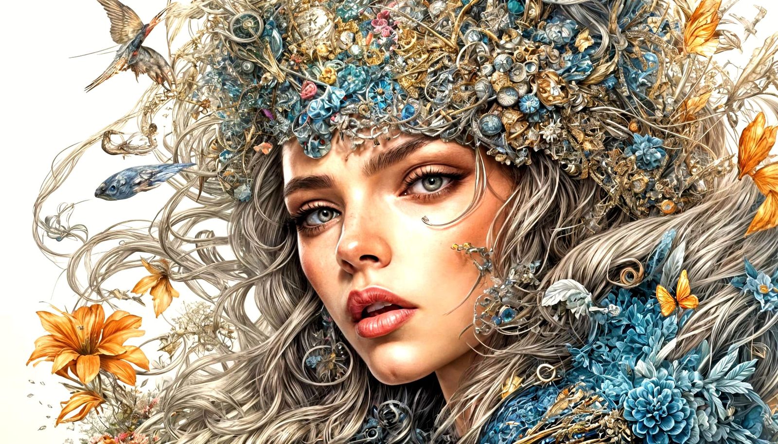 Maximalist Retro-Futuristic Scene, Ink and Watercolor