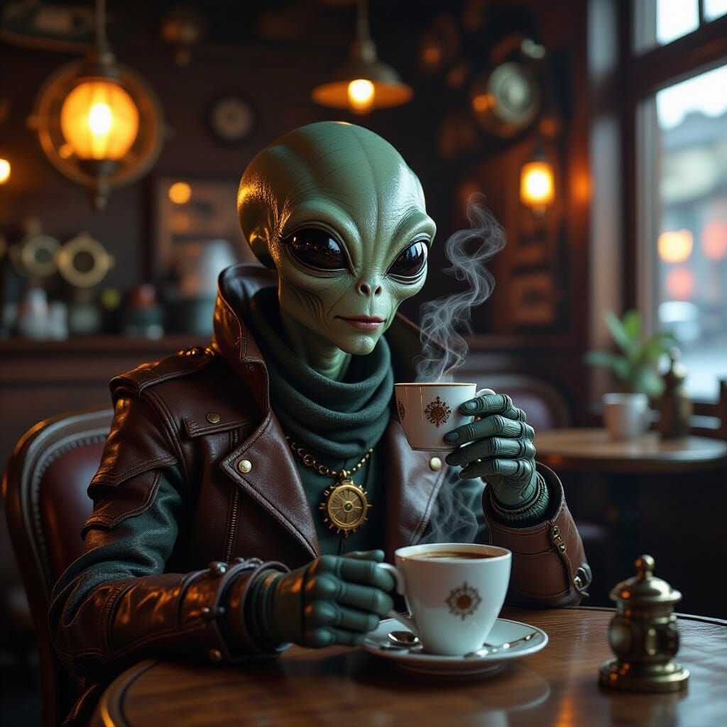 Alien Sipping Coffee in Cozy Clockwork Cafe