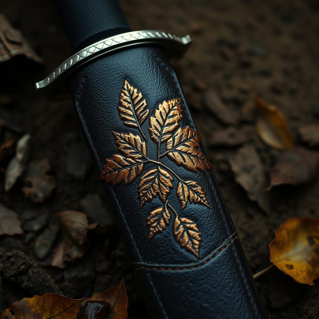 Epic Leather Sword Scabbard with Autumn Leaves in Warm Golde...
