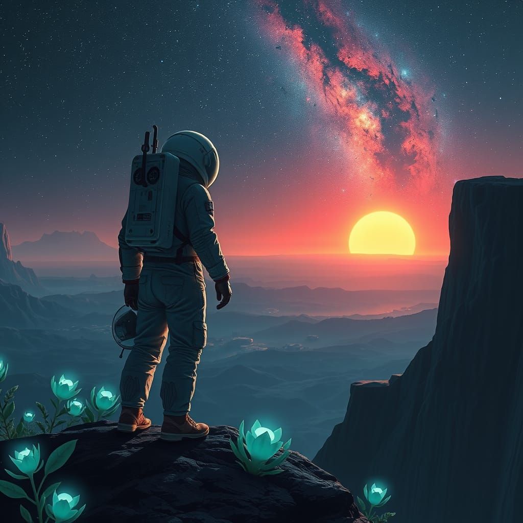 Astronaut Contemplates Galaxy on Alien Cliff