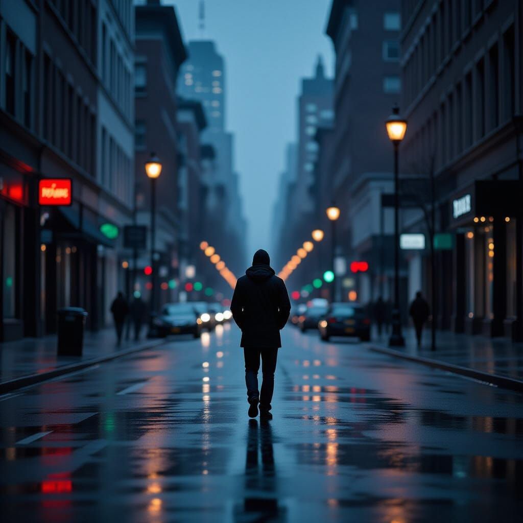 Lone Figure on Wet City Street at Dawn