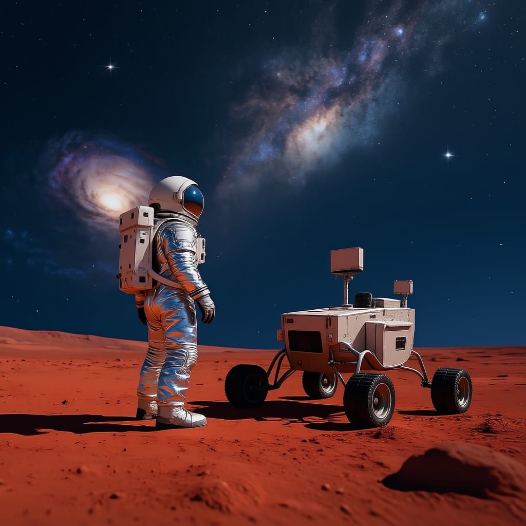Astronaut on Mars Gazing at Stars with Rover