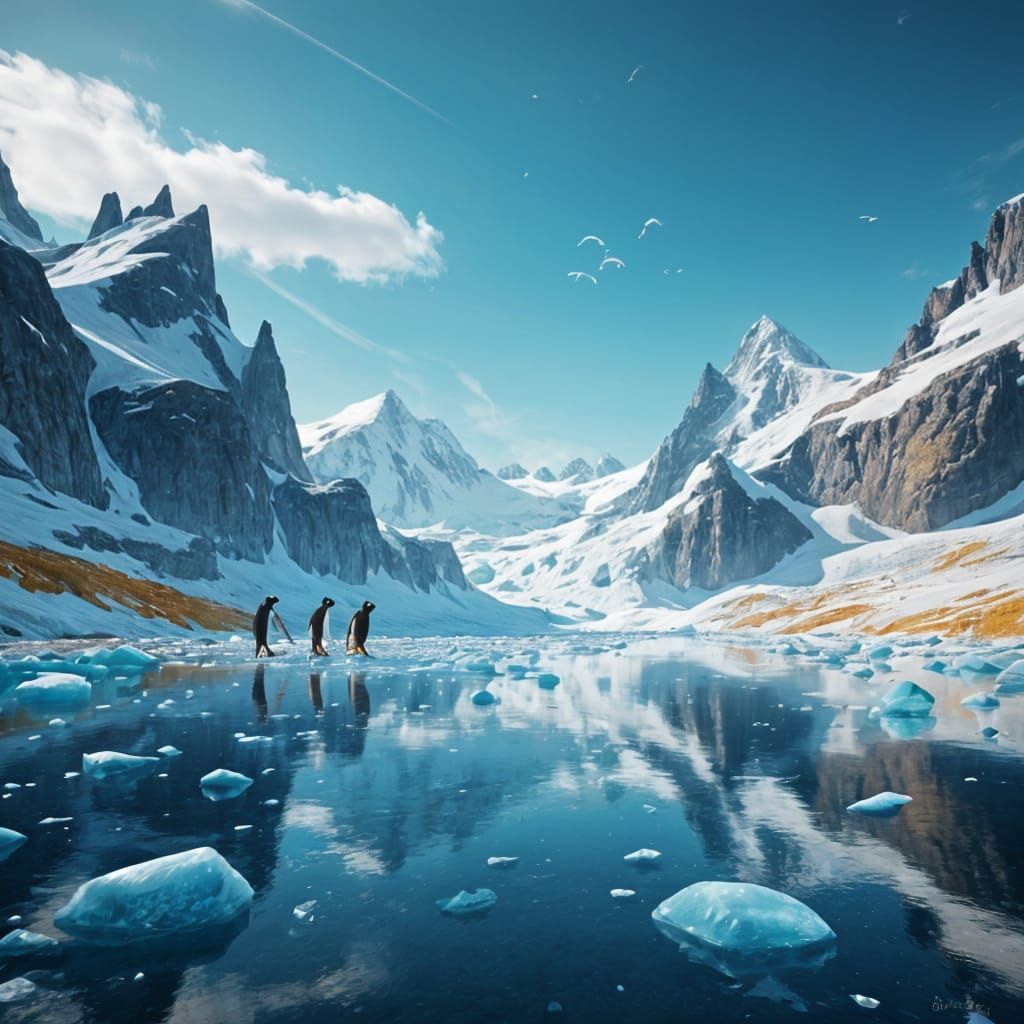 Penguins Play Hockey on Glaciers in a Vibrant, Dreamlike Sce...