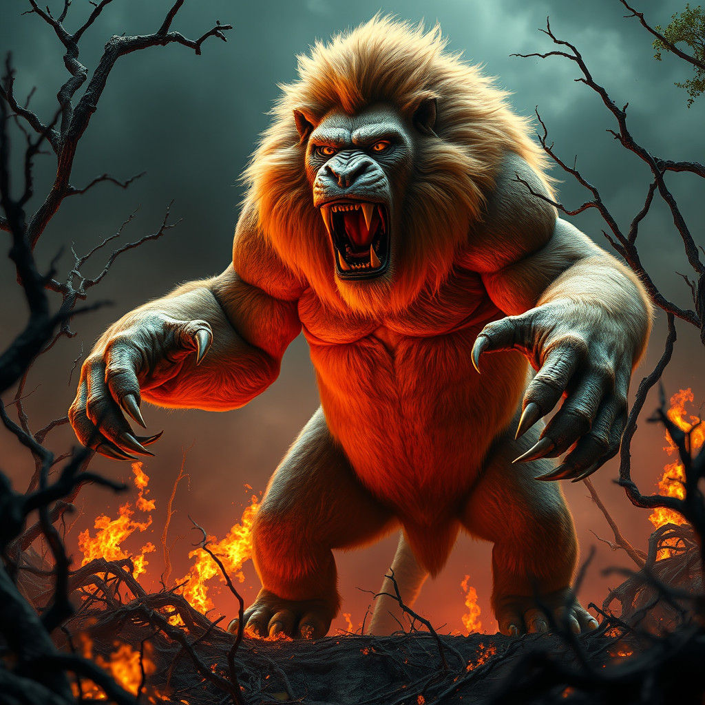 Majestic Lion-Gorilla Hybrid in Apocalyptic Jungle
