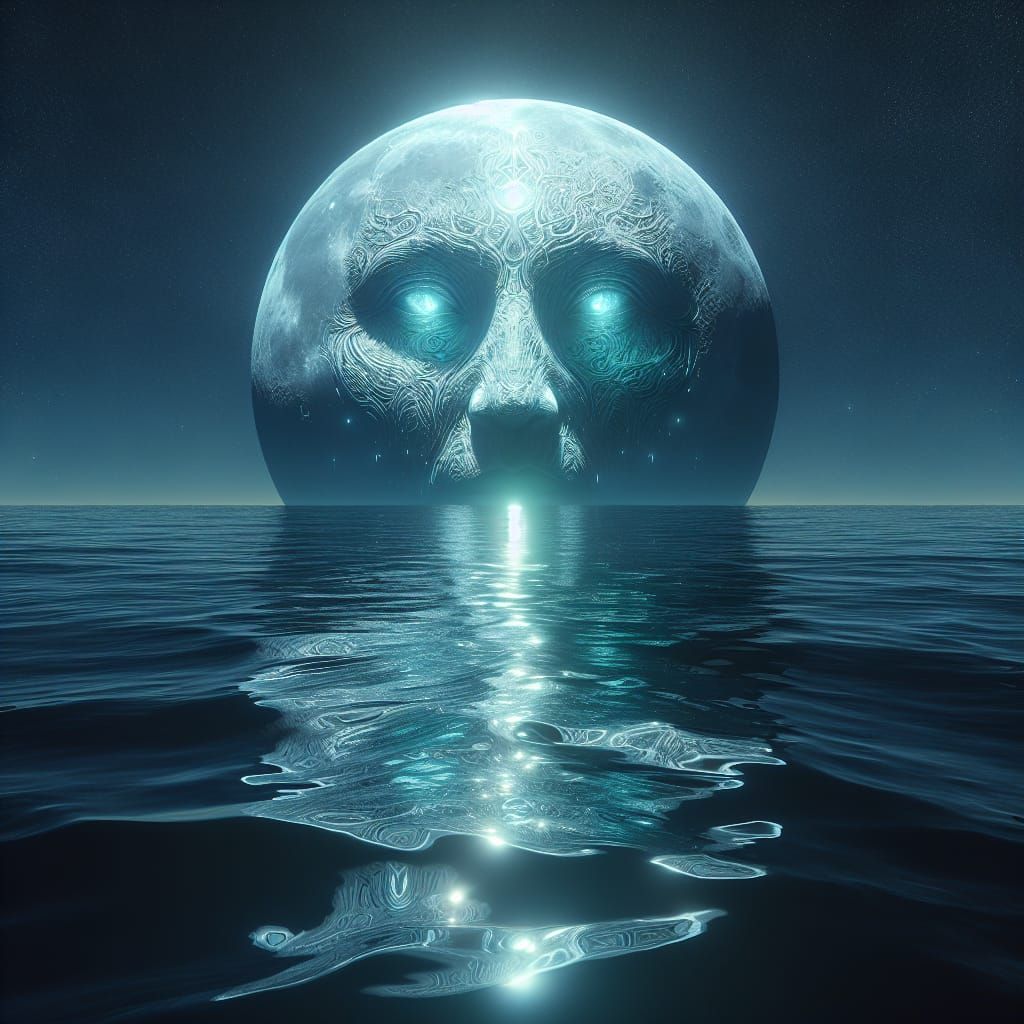 Surreal Moonlit Ocean Scene with Glowing Lunar Face