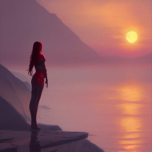 Glowing Red Rose in Silver Lake Sunset