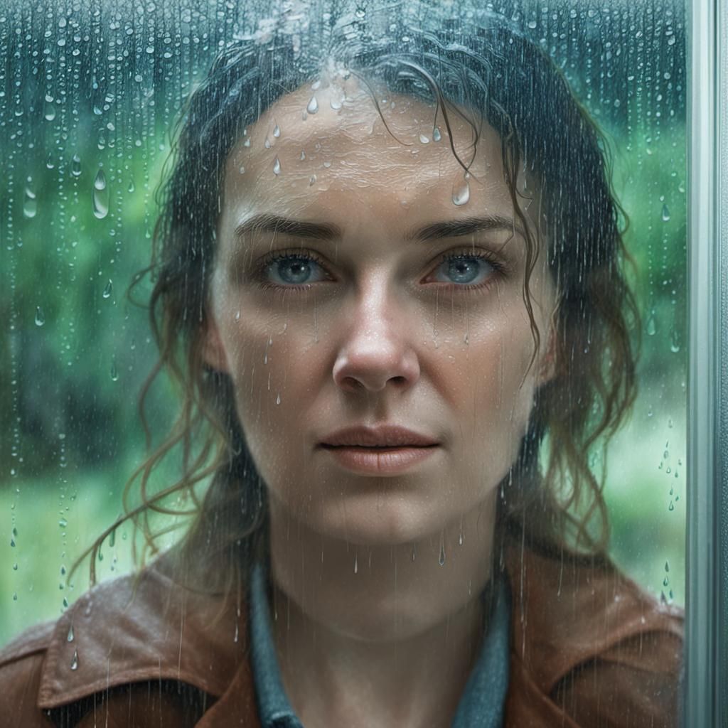 Woman Gazing Through Rain-Drenched Window Portrait