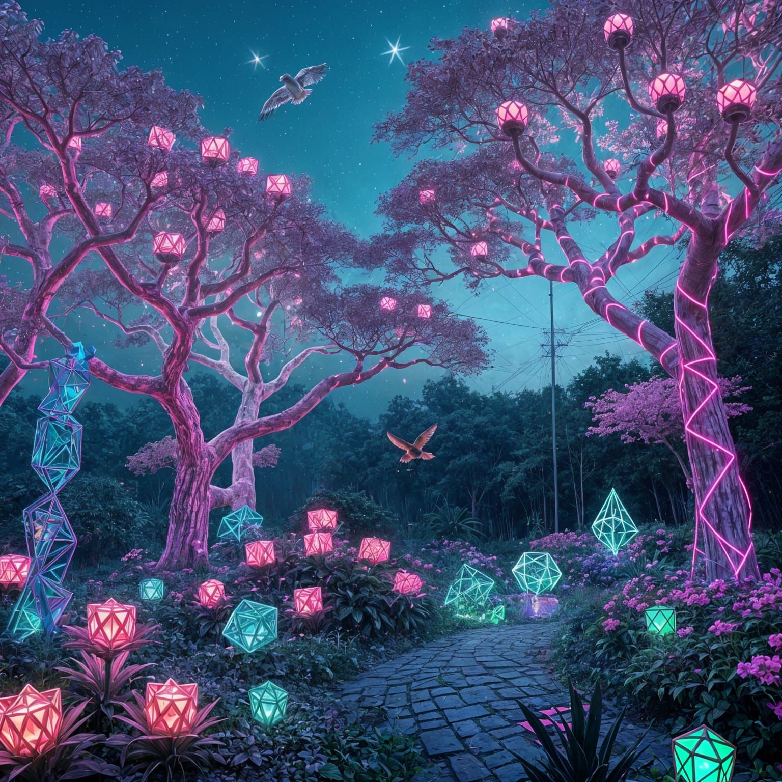 Glowing Geometric Garden in Cyberpunk Style