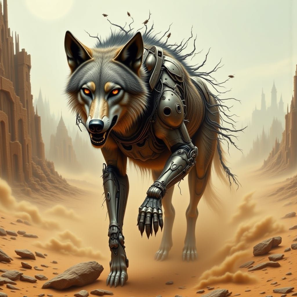 Cybernetic Wolf Explores Desert Ruins in Gritty Cinematic St...