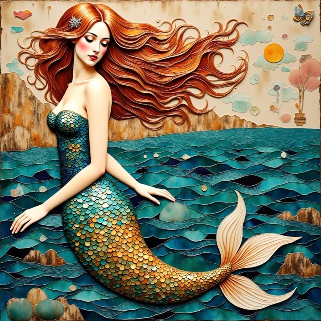 Mermaid Portrait in Mixed Media Collage Style