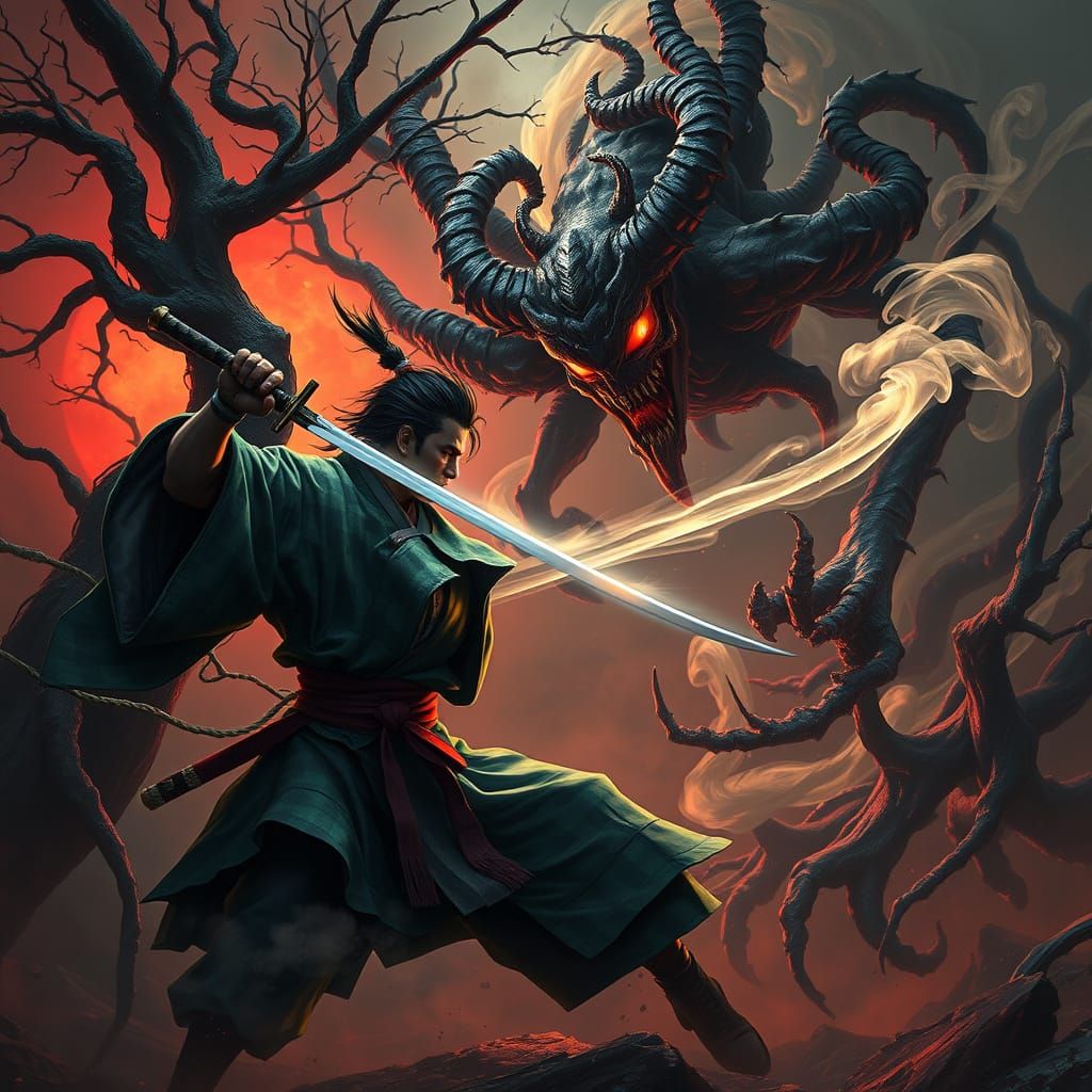 Japanese Warrior Battles a Demon in Eerie Landscape