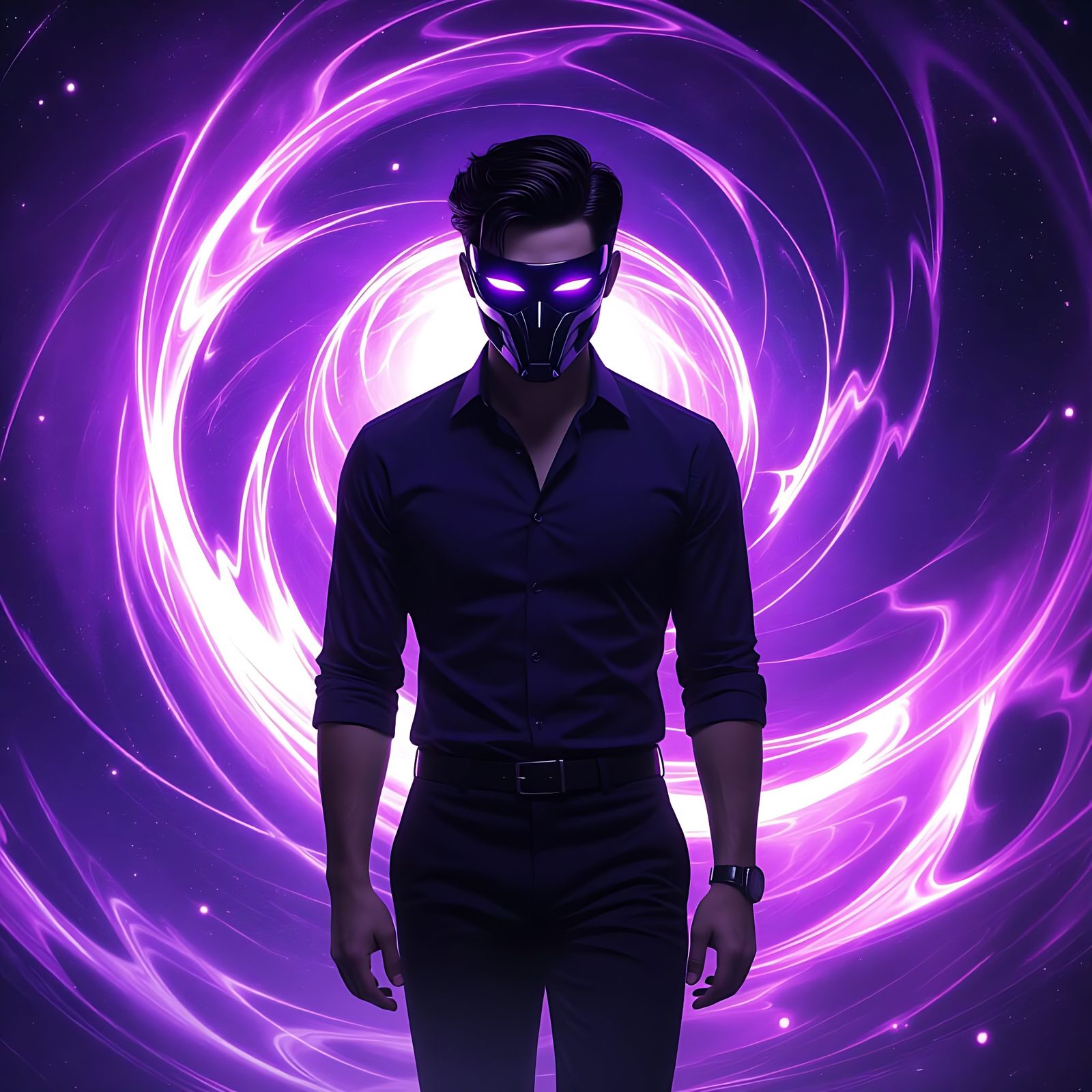 Cosmic Silhouette: A Young Man Amidst Swirling Energies