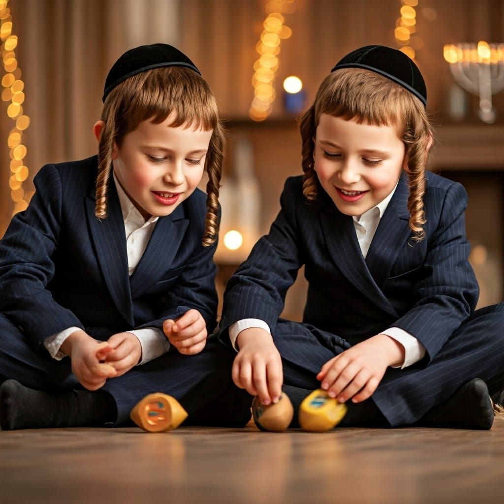 Boys Celebrate Hanukkah with Dreidels and Joy