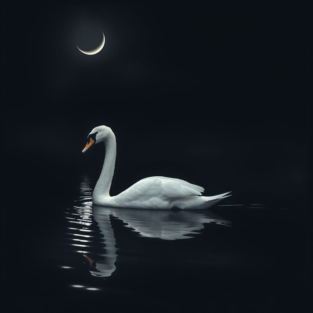 Majestic Swan on Dark Lake Under Crescent Moon