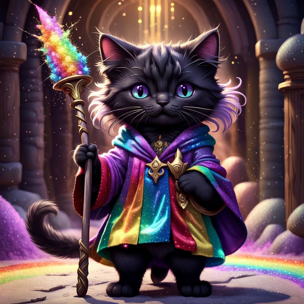 Cute Black Cat Mage with Rainbow Robes