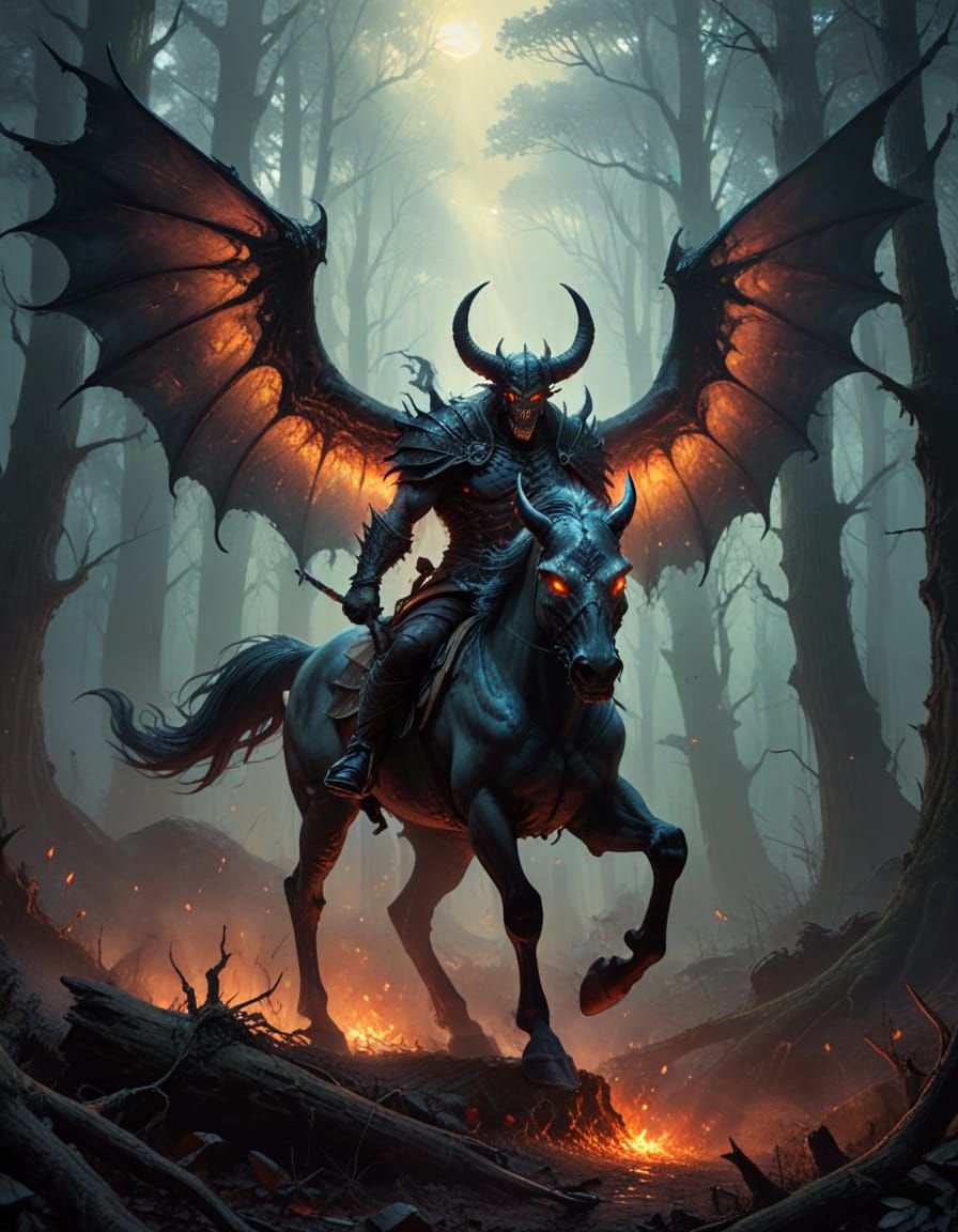 Demon Lord Rides Through Mysterious Forest in Dark Fantasy S...