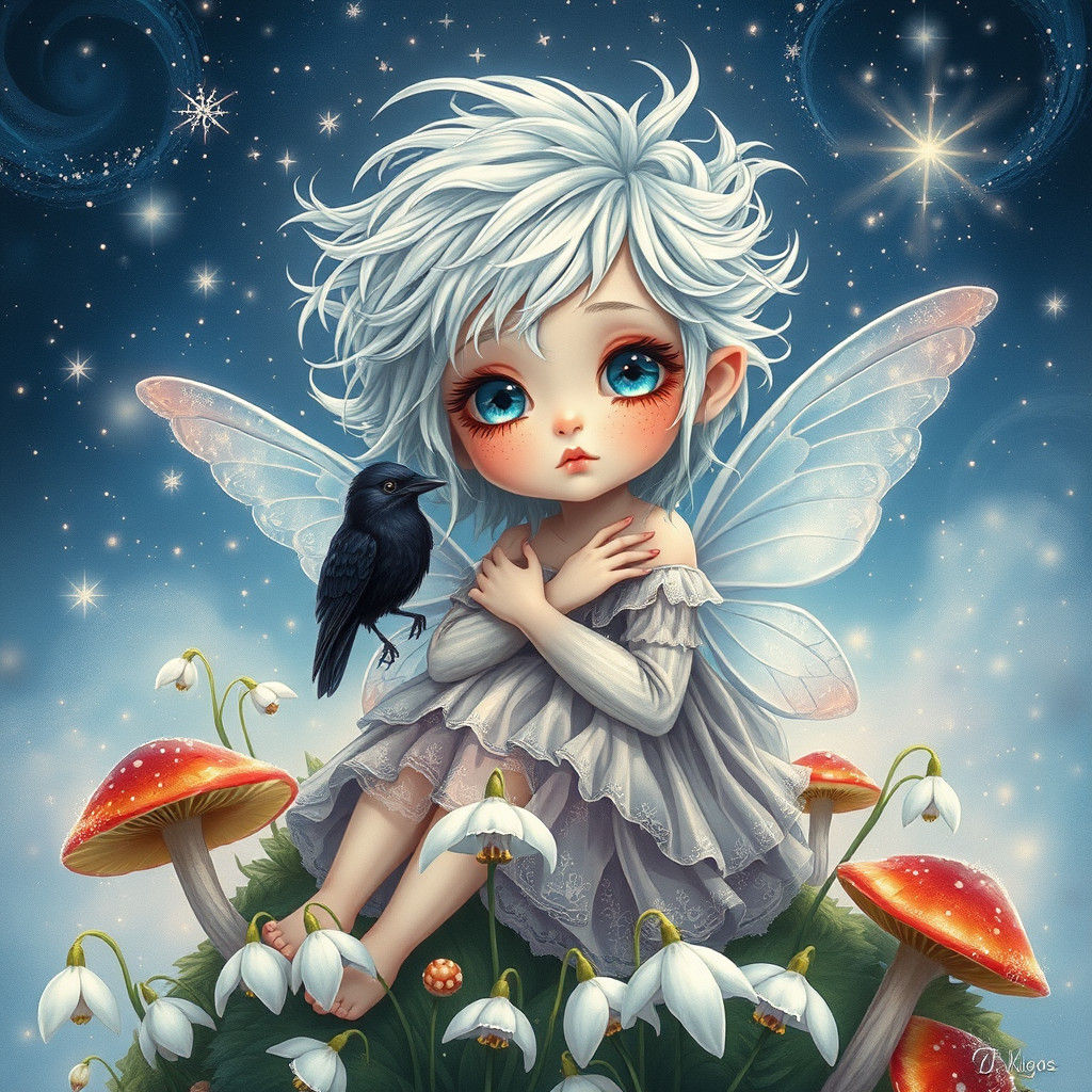 Fairies on Mushrooms: A Winter Illustration