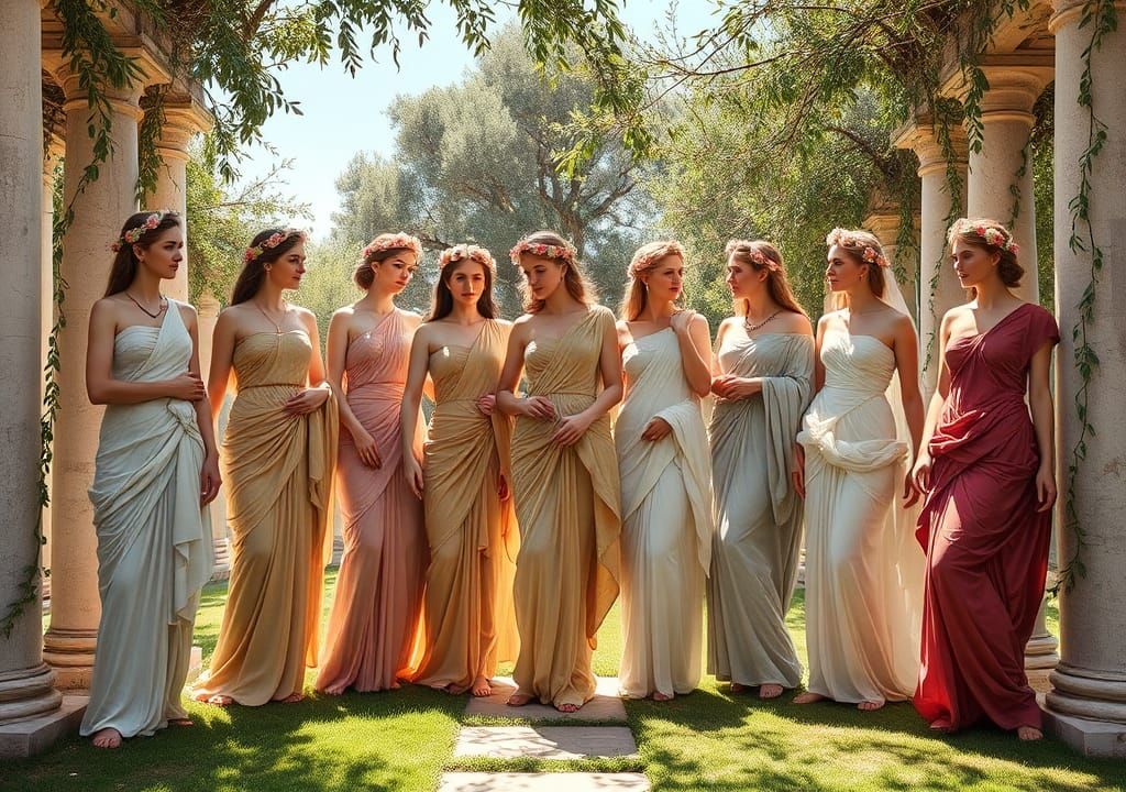 Elegant Muses of Greek Mythology in Olive Grove