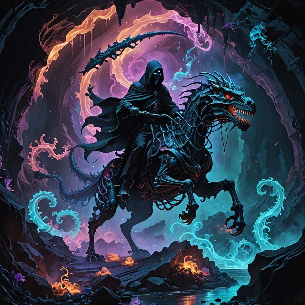 Grim Reaper Rides Dragon in Bioluminescent Cavern