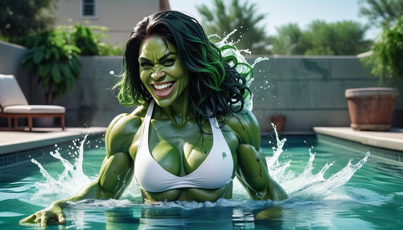 Happy She-Hulk in Pool: Hyperrealistic Art