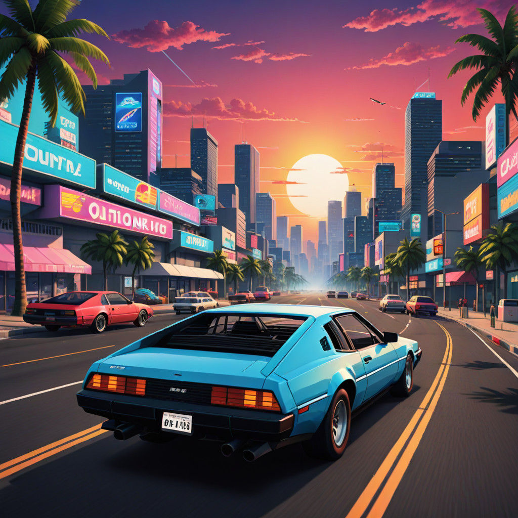 Retro Driver Speeds Down Sunset Highway in Outrun Style