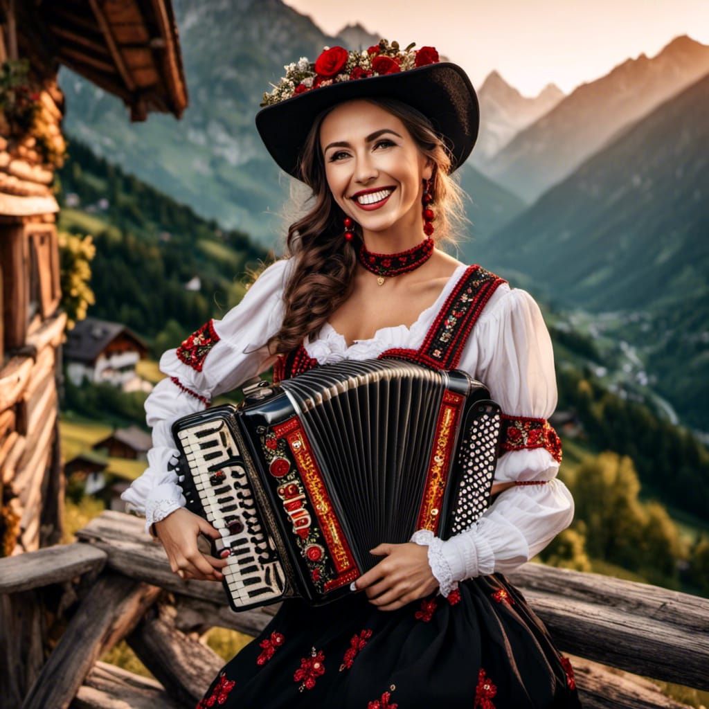 Smiling Swiss Woman Playing Accordion at Sunset