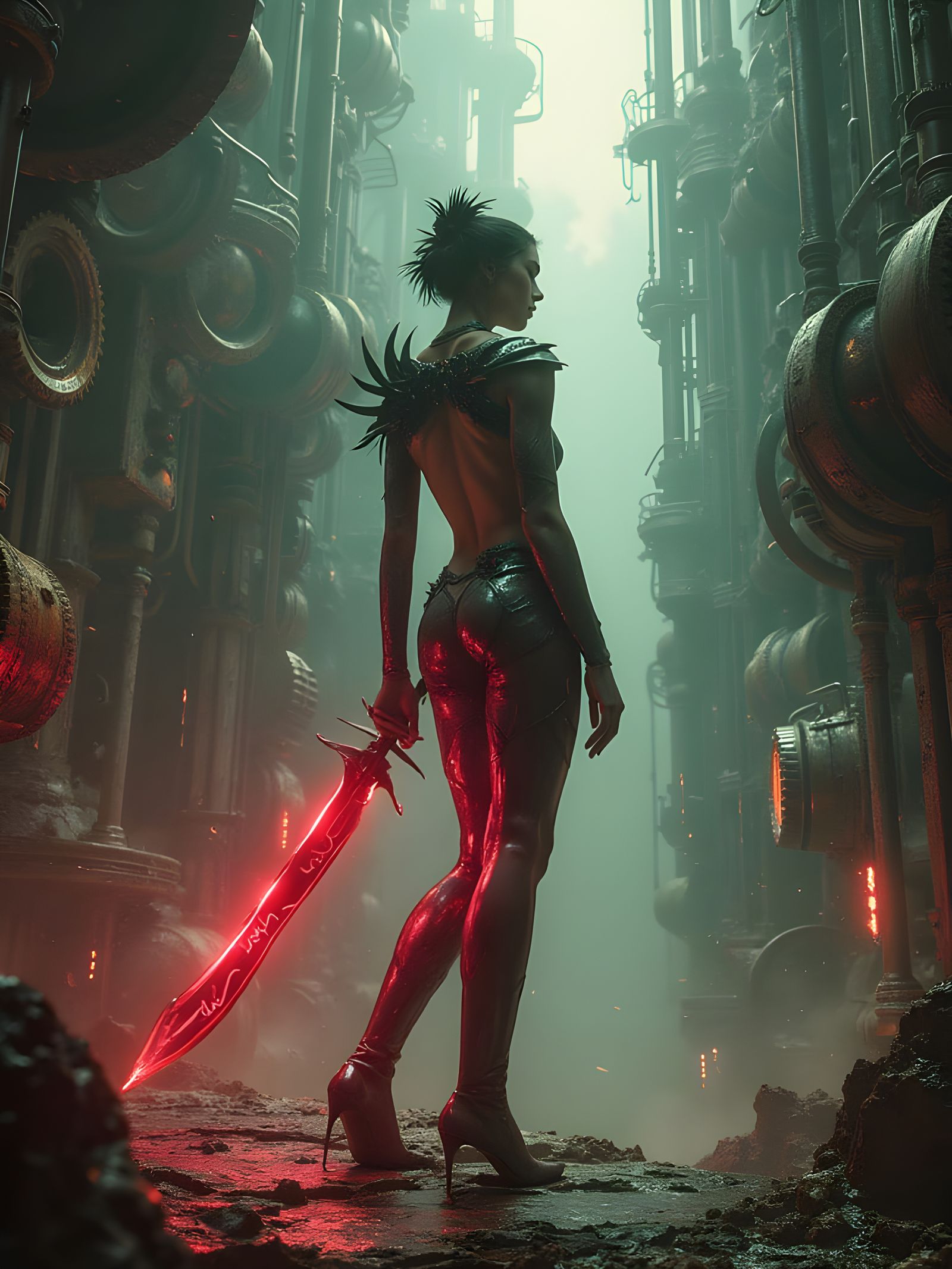 Avant-Garde Woman in Cubist Armor with Biomechanical Citysca...