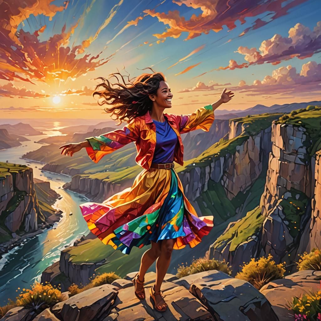 Confident Woman on Cliff Edge in Vibrant Oil Painting