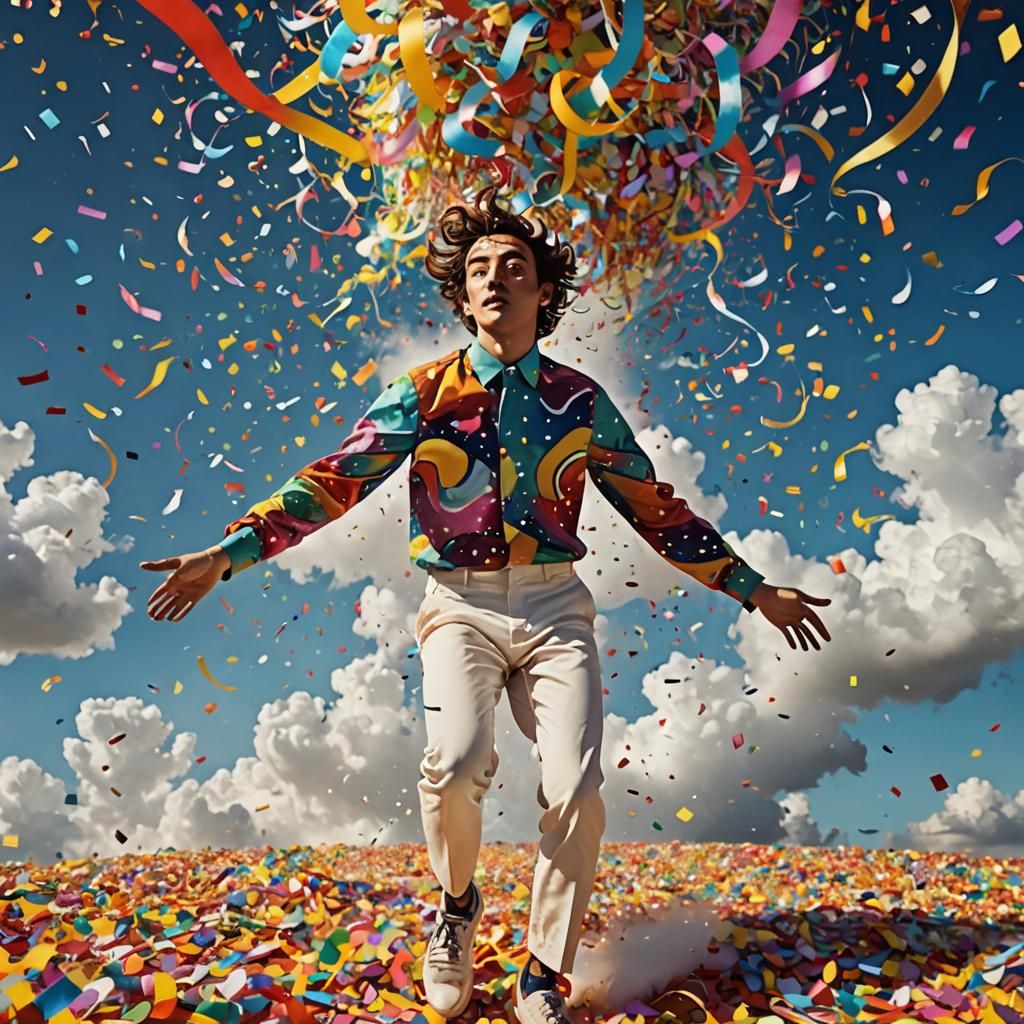 Surreal Person in Confetti Cloudscape