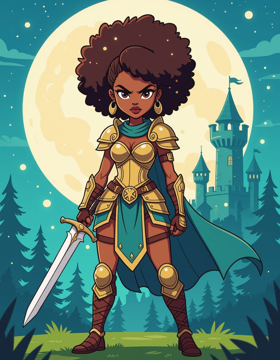 Black Woman Warrior in Retro Cartoon Style