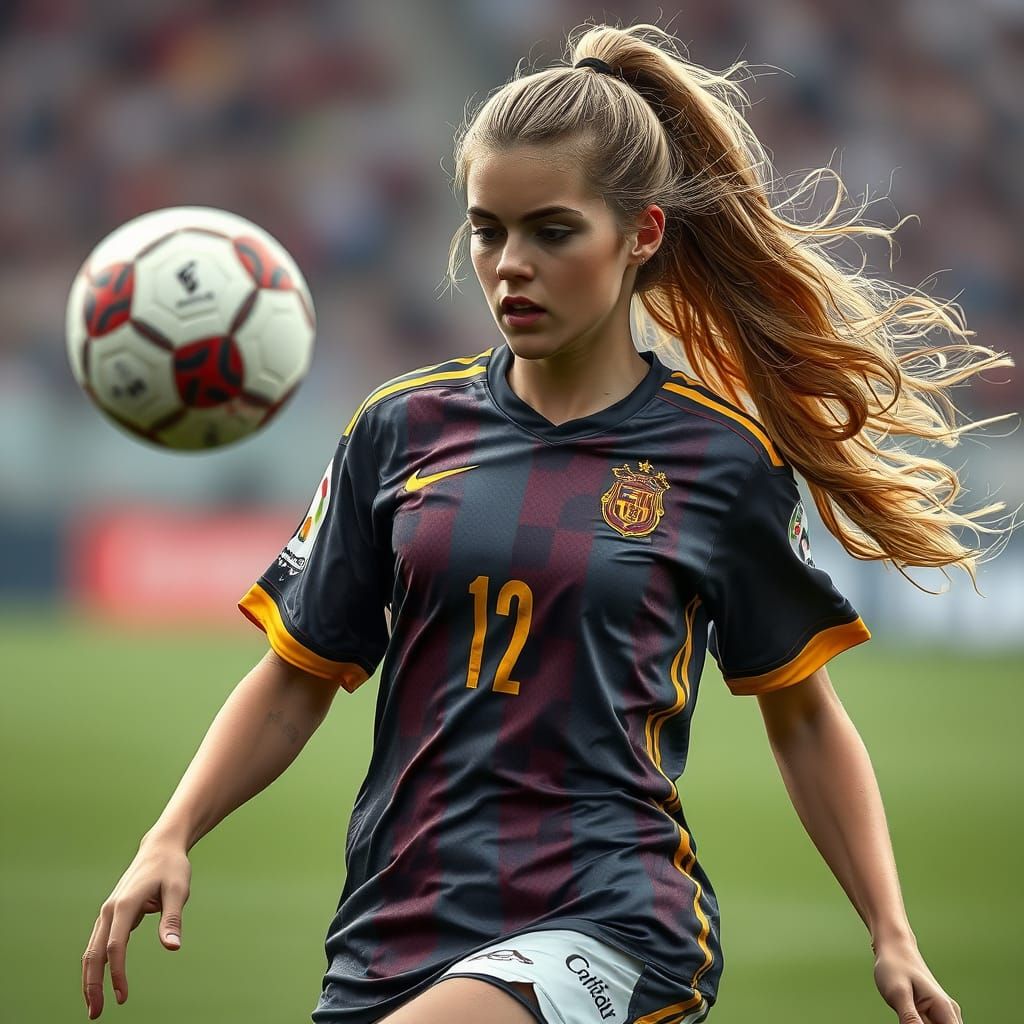 Blonde Girl Plays Soccer with Passion in Realistic Style