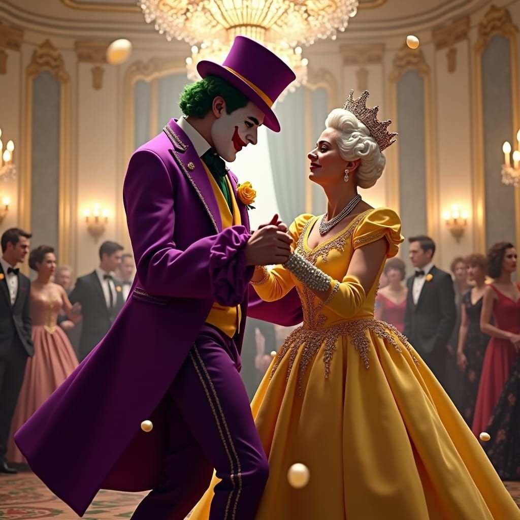 Joker and Queen Jitterbug in Dreamlike Ballroom